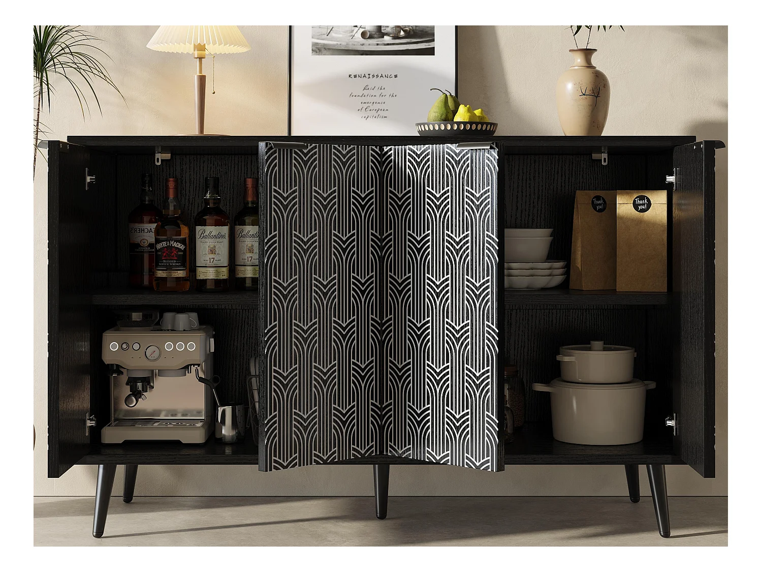 Buffet moderne - 4 portes - avec motifs - MDF - Noir