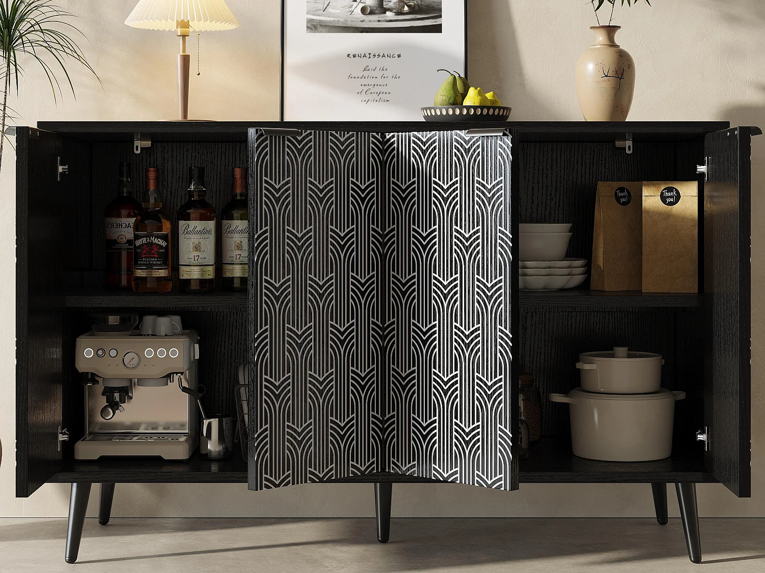 Buffet moderne - 4 portes - avec motifs - MDF - Noir