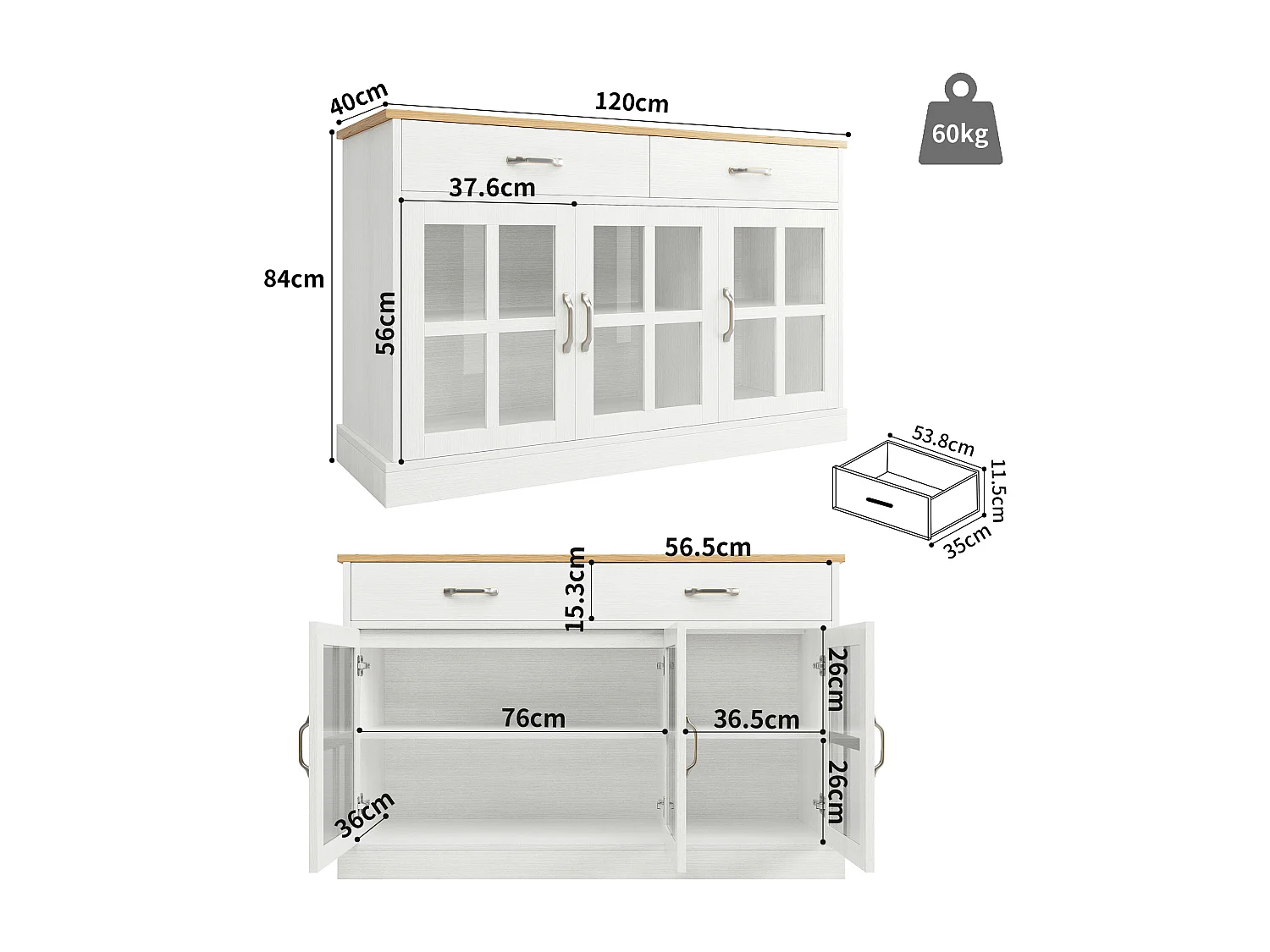 Nowoczesny bufet - 2 szuflady, 3 drzwi - MDF - Biały