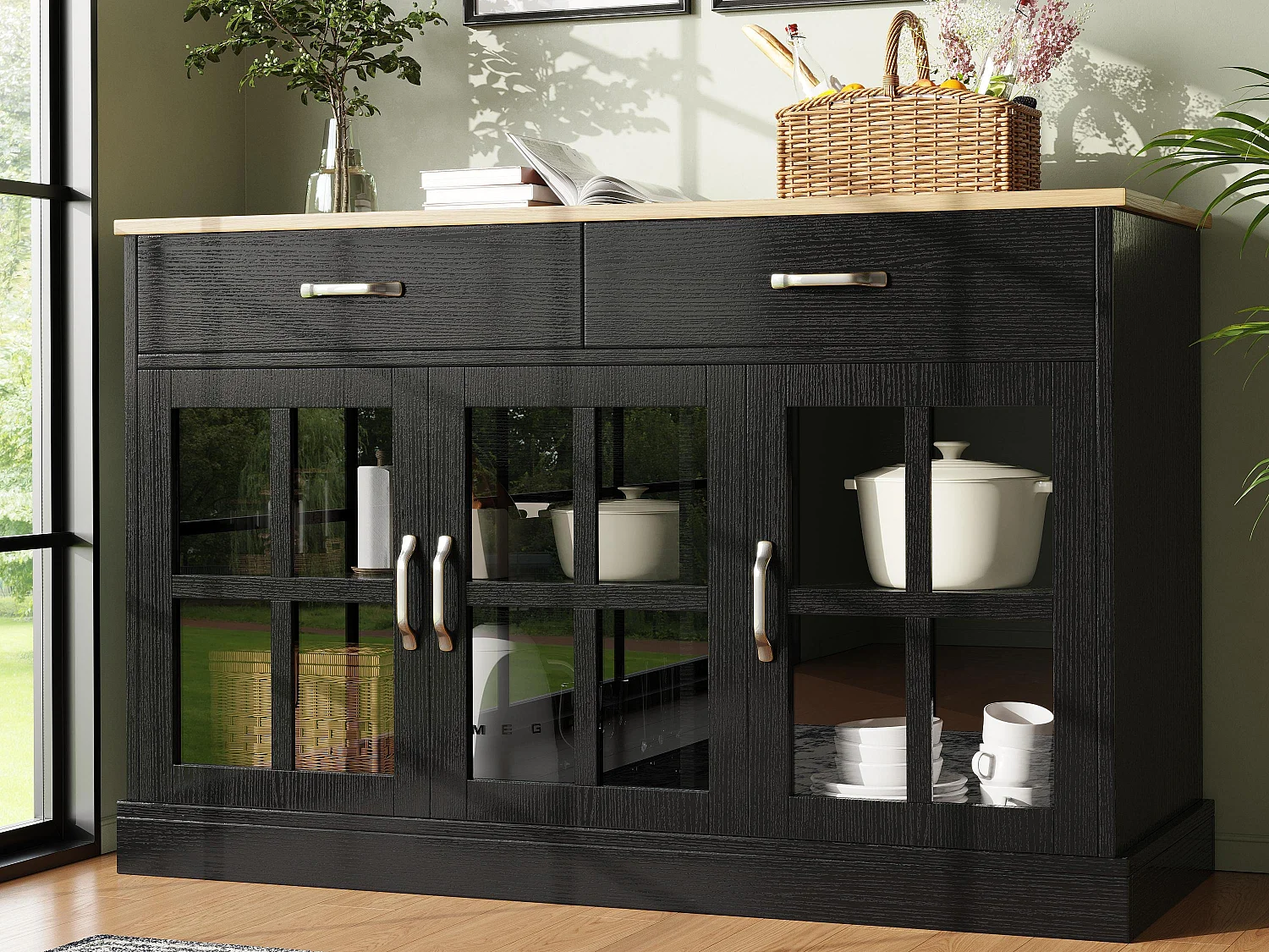 Buffet moderne - 2 tiroirs, 3 portes - MDF - Noir