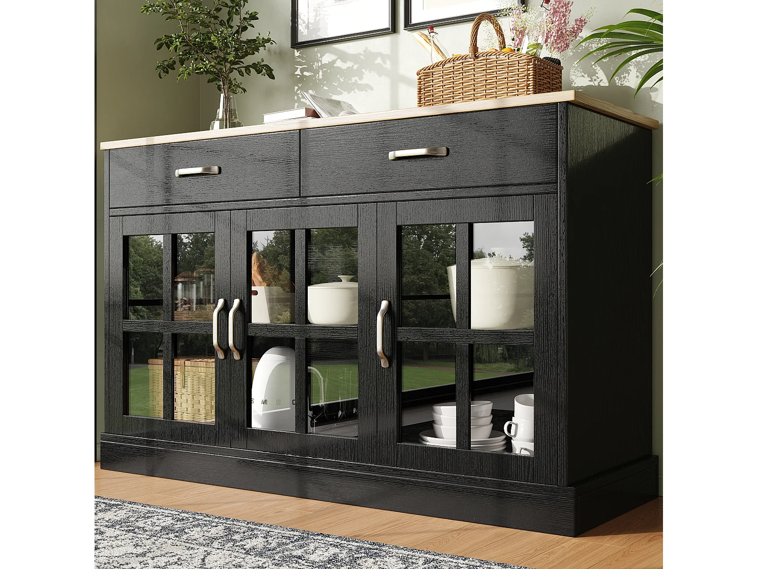 Buffet moderne - 2 tiroirs, 3 portes - MDF - Noir