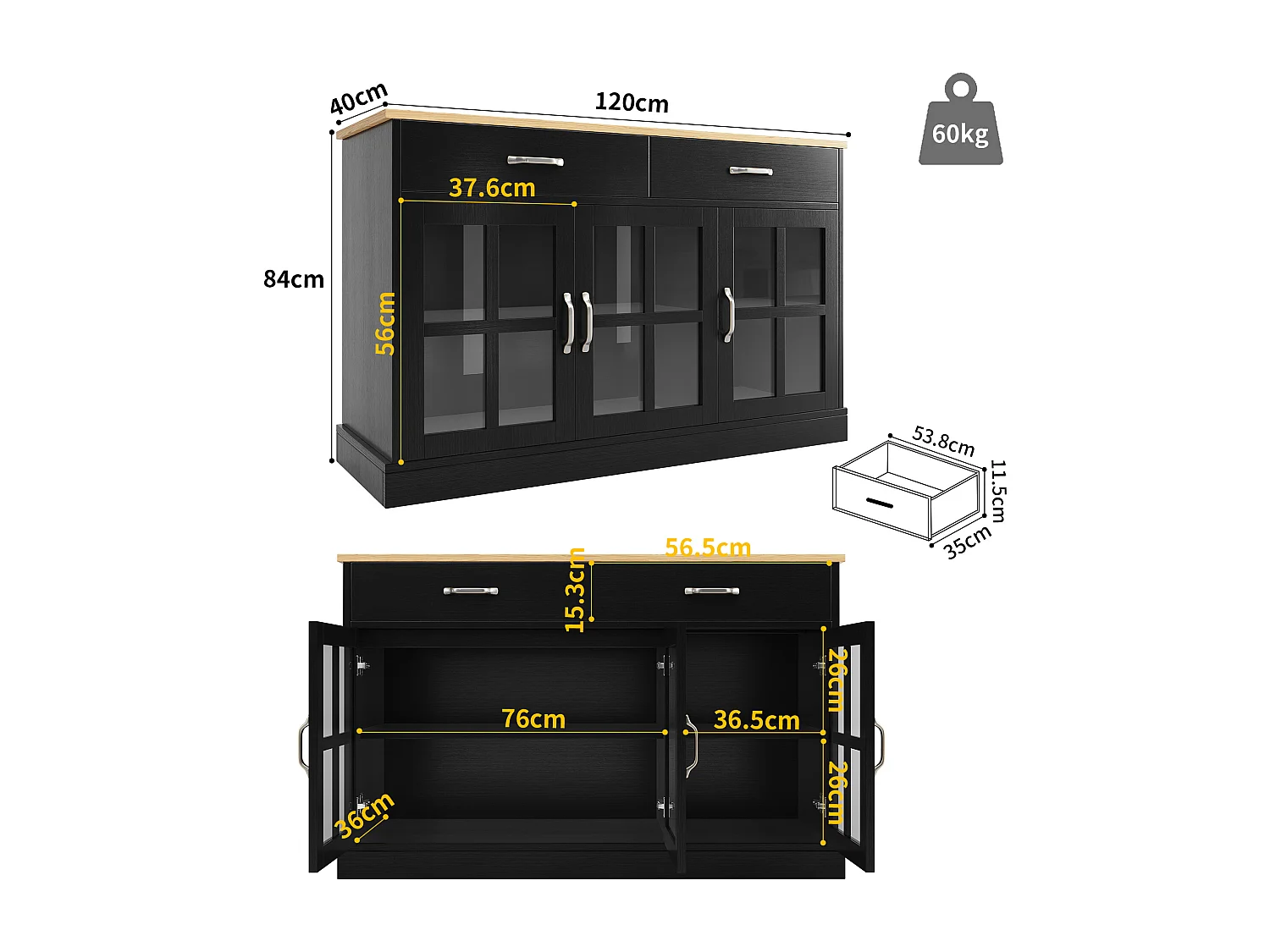 Buffet moderne - 2 tiroirs, 3 portes - MDF - Noir