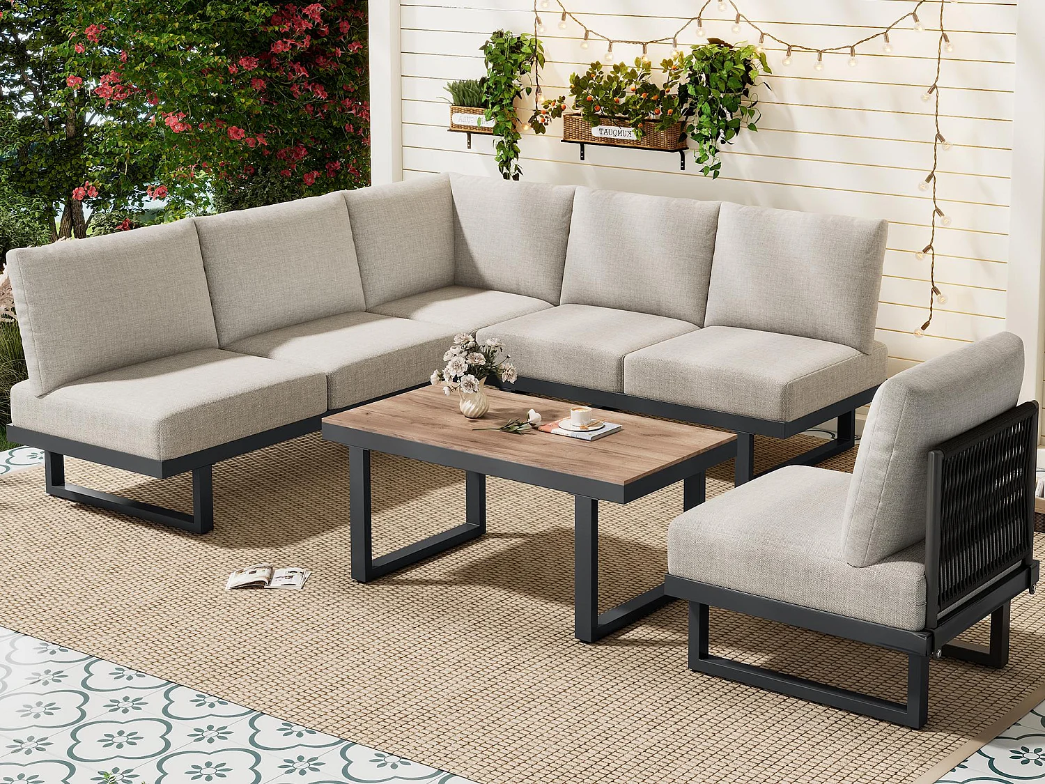 Conjunto de jardim - 6 lugares - conjunto de canto, sofá + mesa de centro + descanso para pés, em aço