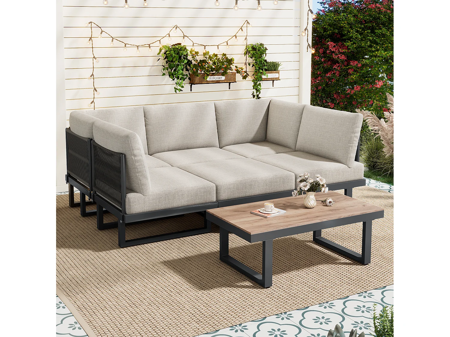 Conjunto de jardim - 6 lugares - conjunto de canto, sofá + mesa de centro + descanso para pés, em aço