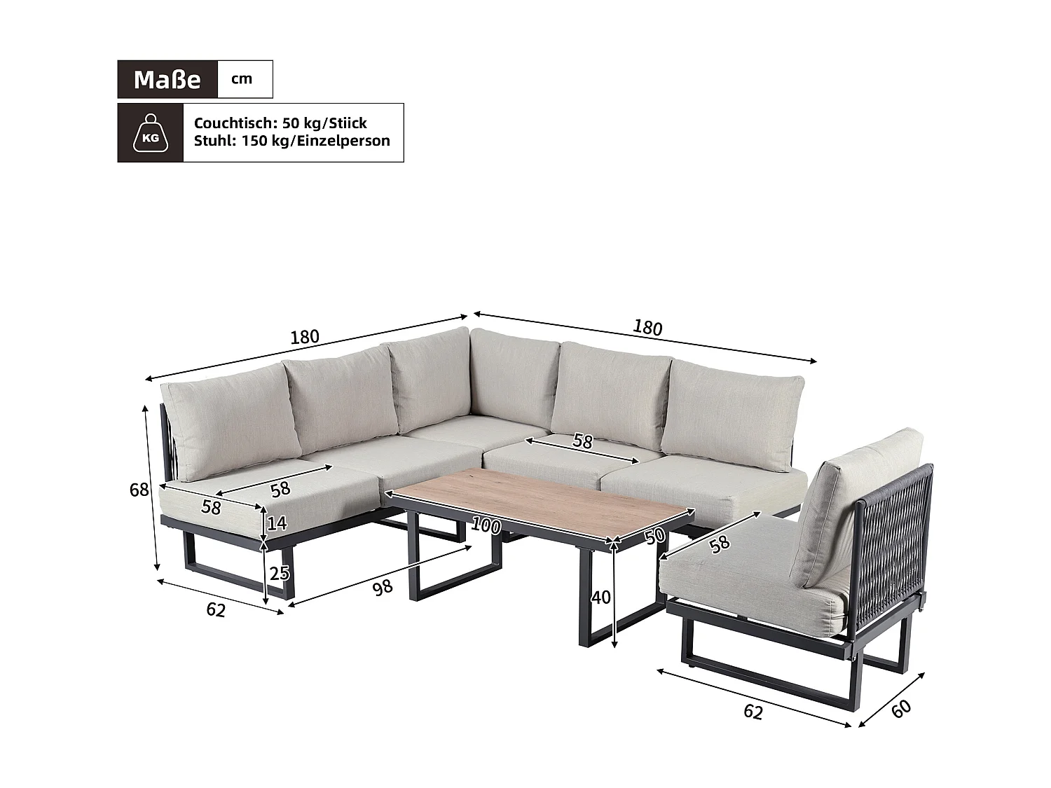 Conjunto de jardim - 6 lugares - conjunto de canto, sofá + mesa de centro + descanso para pés, em aço