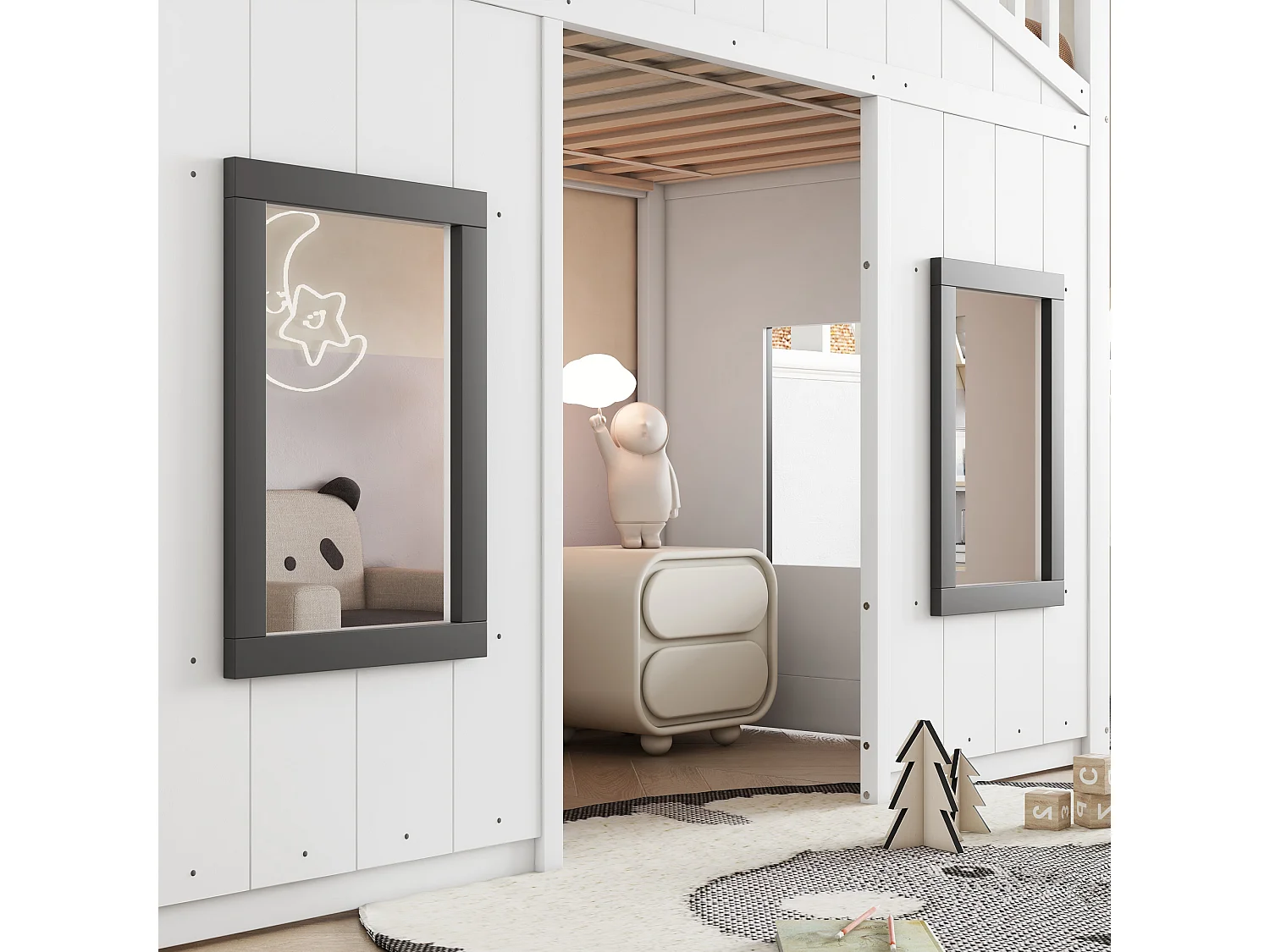 Hoogslaper 90x200 cm - met leuning en trap - met 2 ramen - massief hout + MDF - wit