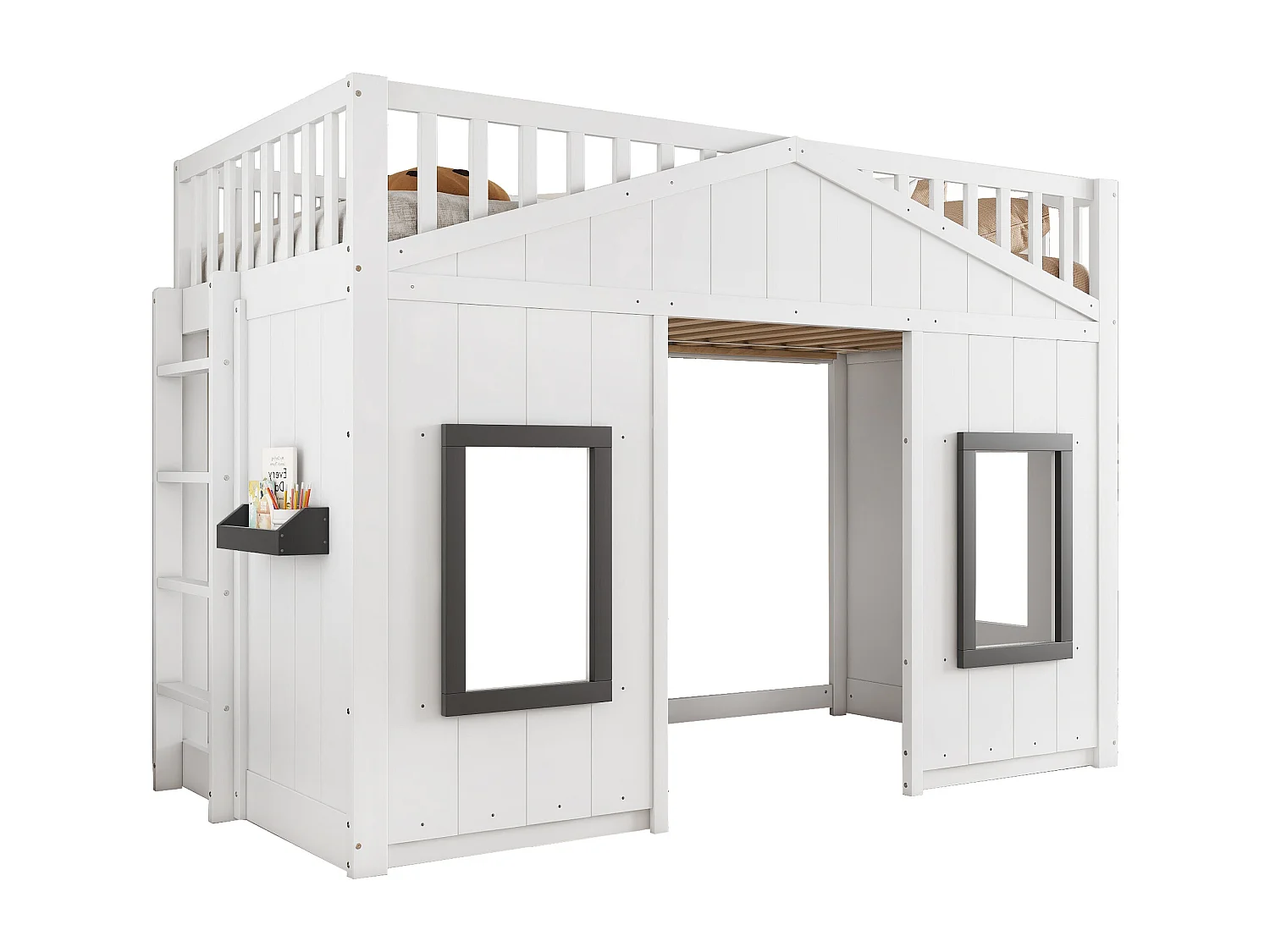 Hoogslaper 90x200 cm - met leuning en trap - met 2 ramen - massief hout + MDF - wit