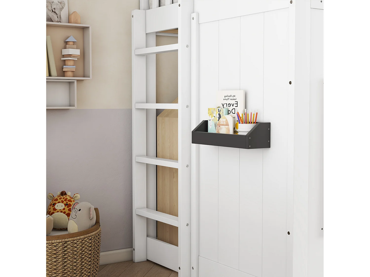 Hoogslaper 90x200 cm - met leuning en trap - met 2 ramen - massief hout + MDF - wit