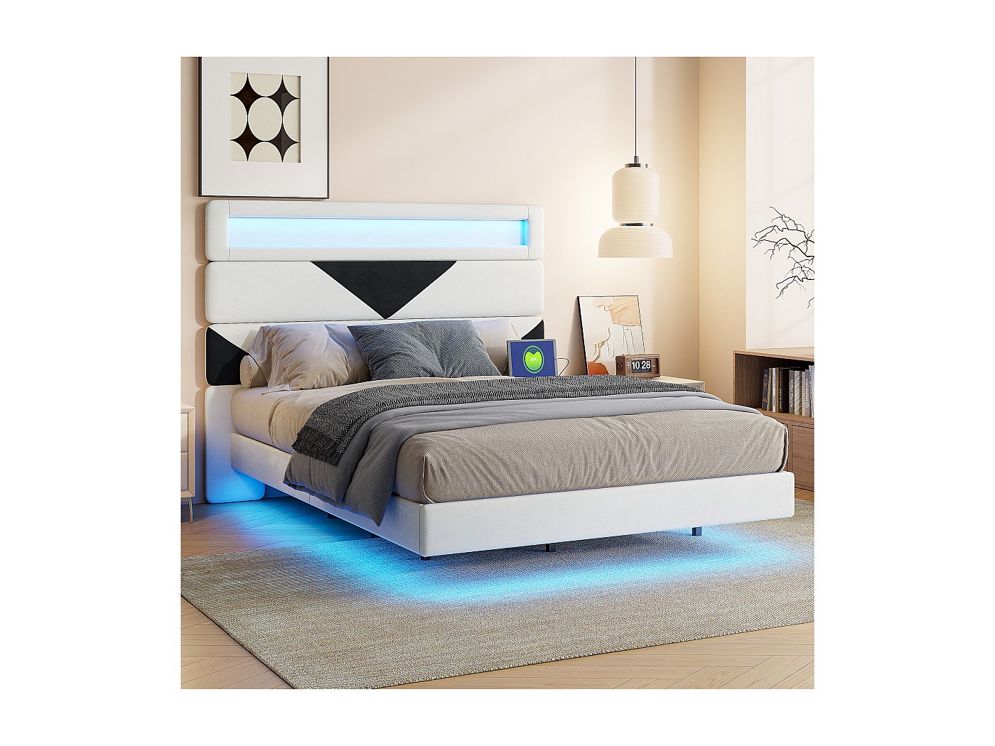 Cadre de lit double 140*190cm,double port de charge USB barre lumineuse LED, blanc cassé, velours