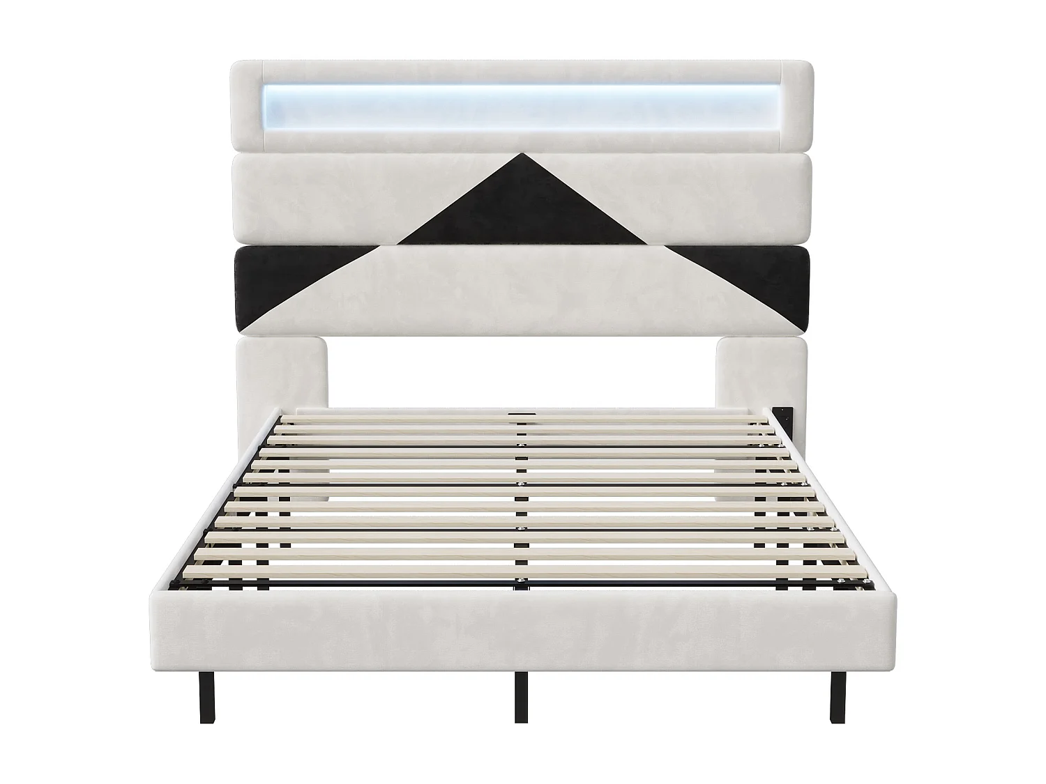 Cadre de lit double 140*190cm,double port de charge USB + barre lumineuse LED, blanc cassé, velours