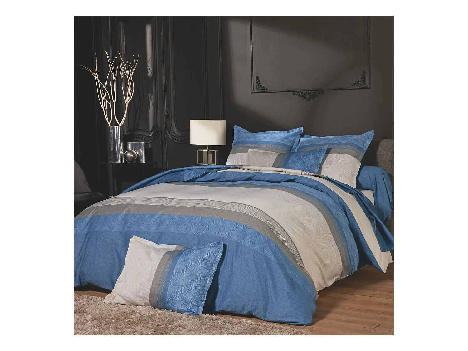 Parure de lit satin de coton Tiago bleu 240x220 - Tradilinge