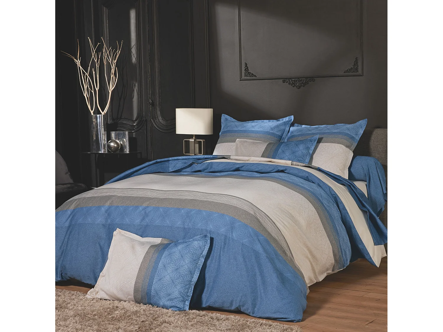 Parure de lit satin de coton Tiago bleu 200x200 - Tradilinge