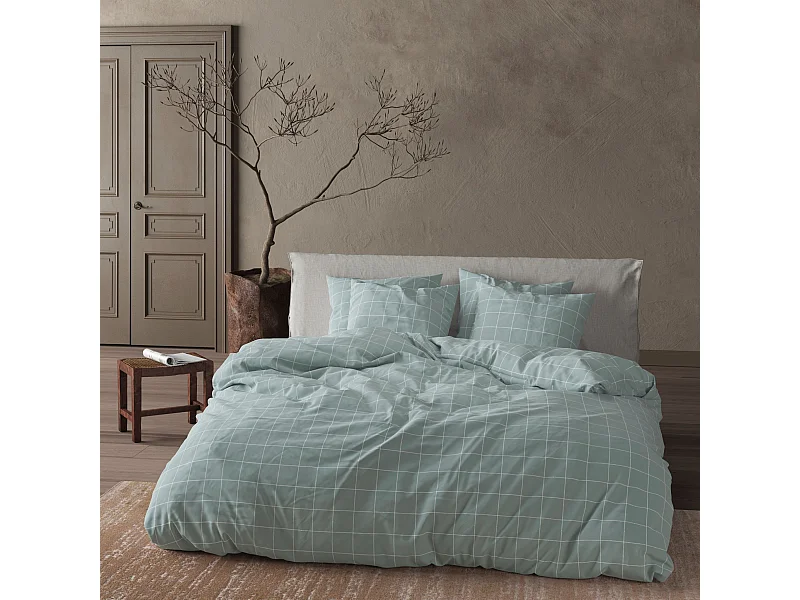 Parure de lit 140x200 coton à carreaux vert Terre de Nuit Oslo