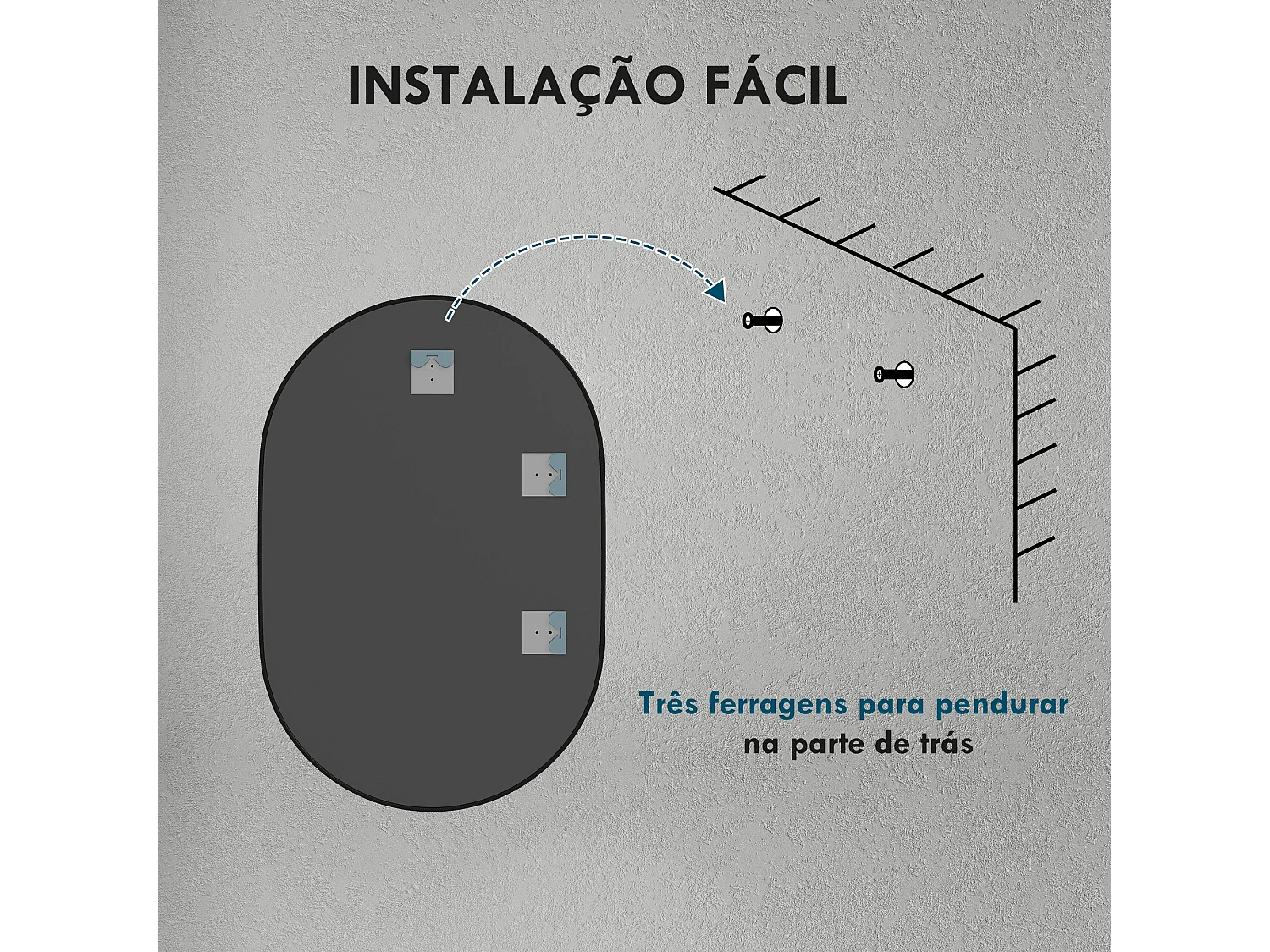 Espelho Ovalado HOMCOM 60x90 cm com Moldura de Alumínio Preto para Casa de Banho e Sala de Estar