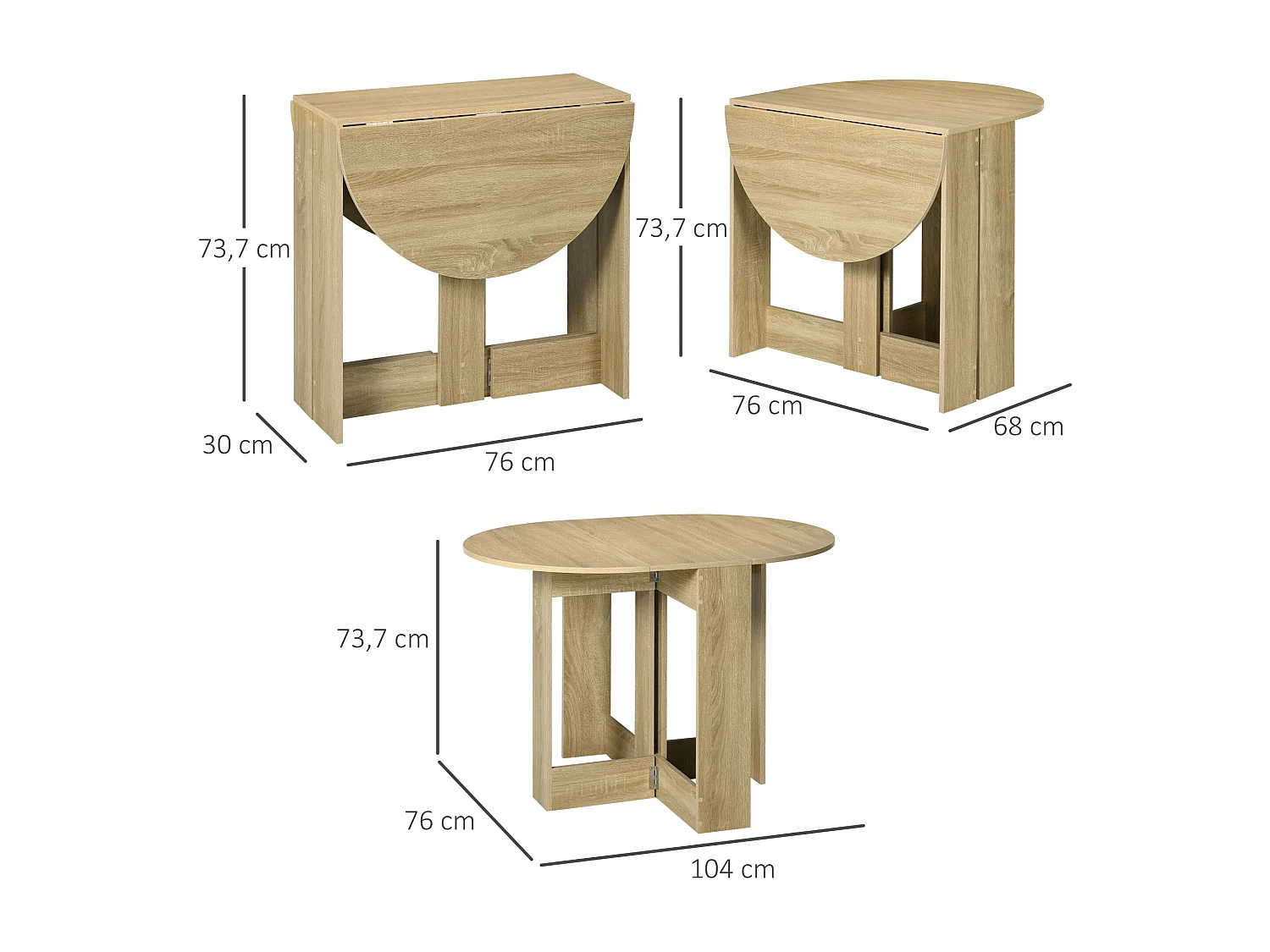 Mesa de Jantar Dobrável HOMCOM com Laterais Ajustáveis para Cozinha e Sala de Estar 104x76x73,7 cm em Madeira