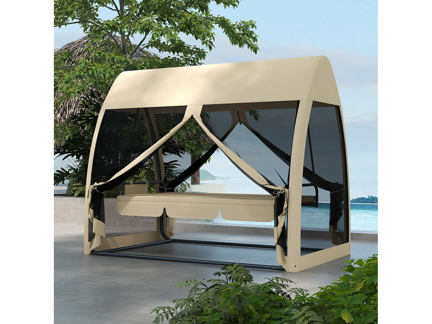 Balancelle de jardin convertible 3 places - matelas assise dossier, moustiquaire intégrale, toit - métal polyester beige