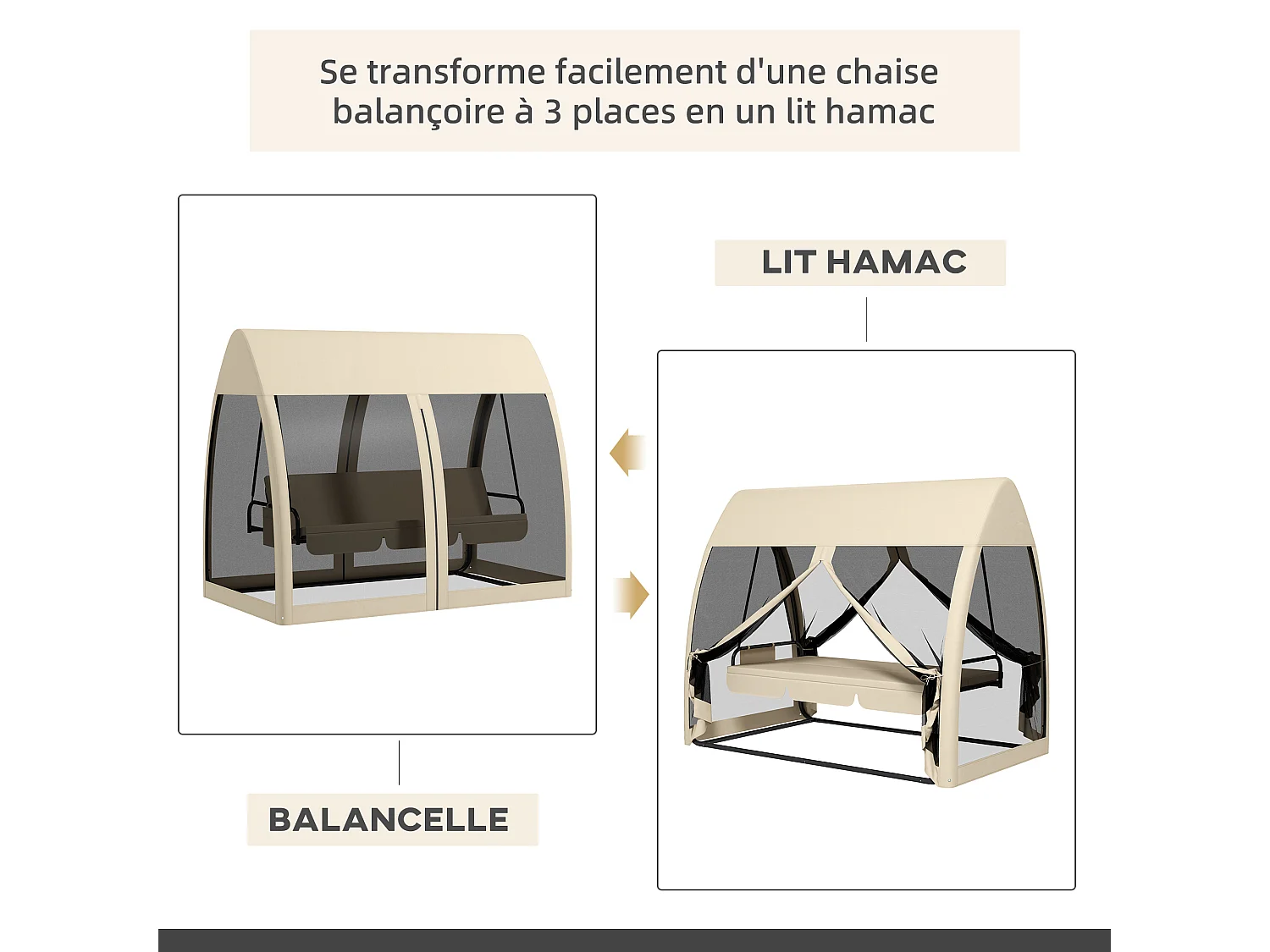 Balancelle de jardin convertible 3 places - matelas assise dossier, moustiquaire intégrale, toit - métal polyester beige
