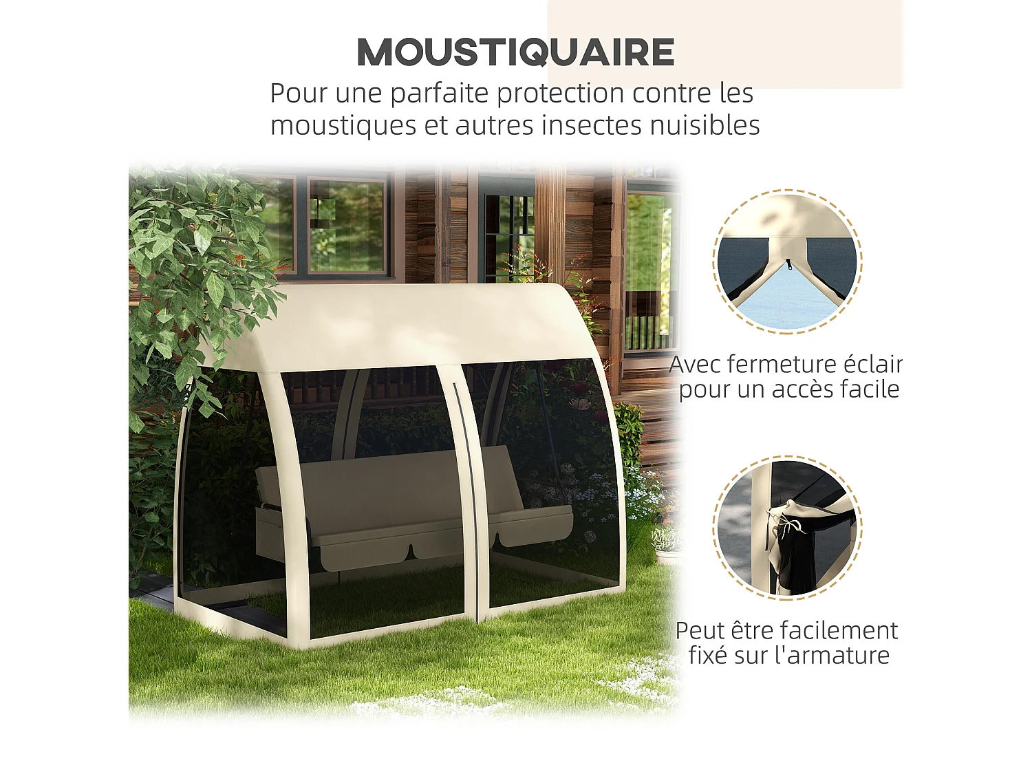 Balancelle de jardin convertible 3 places - matelas assise dossier, moustiquaire intégrale, toit - métal polyester beige