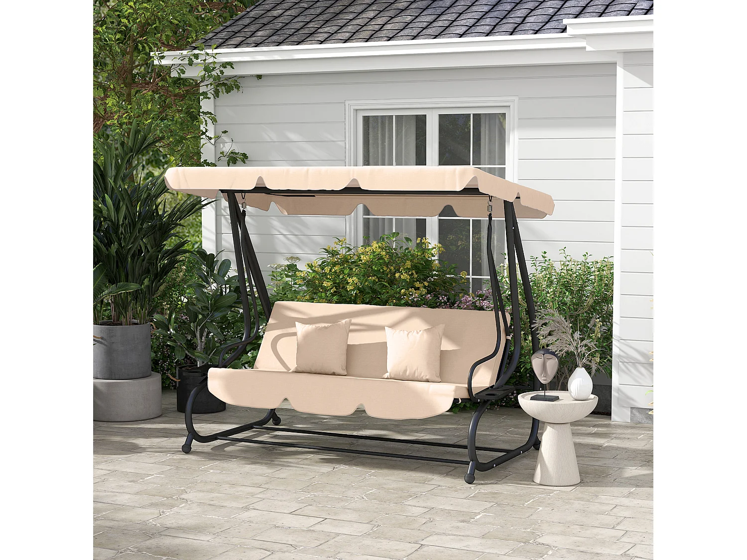 Balancelle de jardin convertible 3 places inclinaison toit réglable 2 tablettes + matelas 2L x 1,2l x 1,64H m métal époxy noir polyester sable