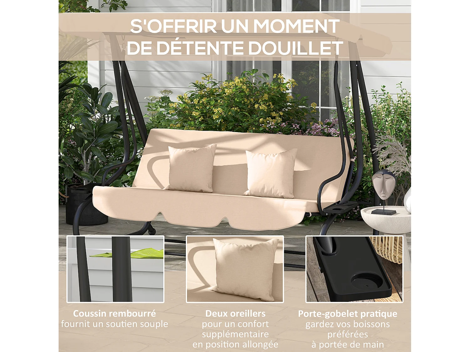 Balancelle de jardin convertible 3 places inclinaison toit réglable 2 tablettes + matelas 2L x 1,2l x 1,64H m métal époxy noir polyester sable