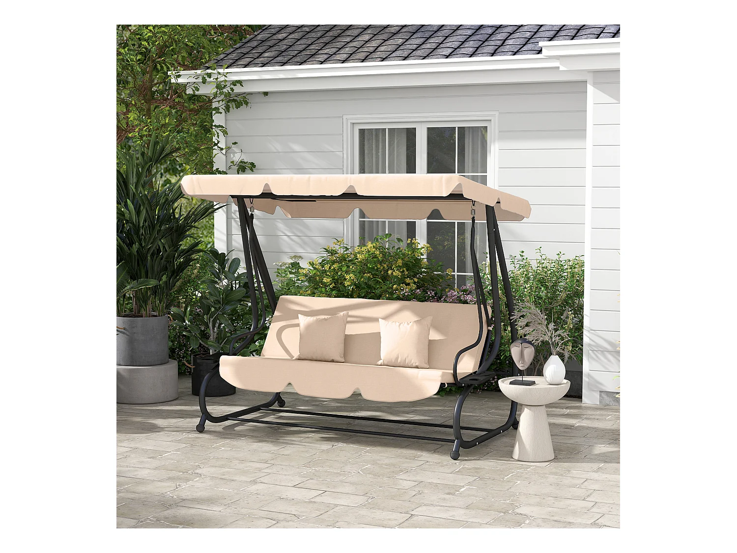 Balancelle de jardin convertible 3 places inclinaison toit réglable 2 tablettes + matelas 2L x 1,2l x 1,64H m métal époxy noir polyester sable