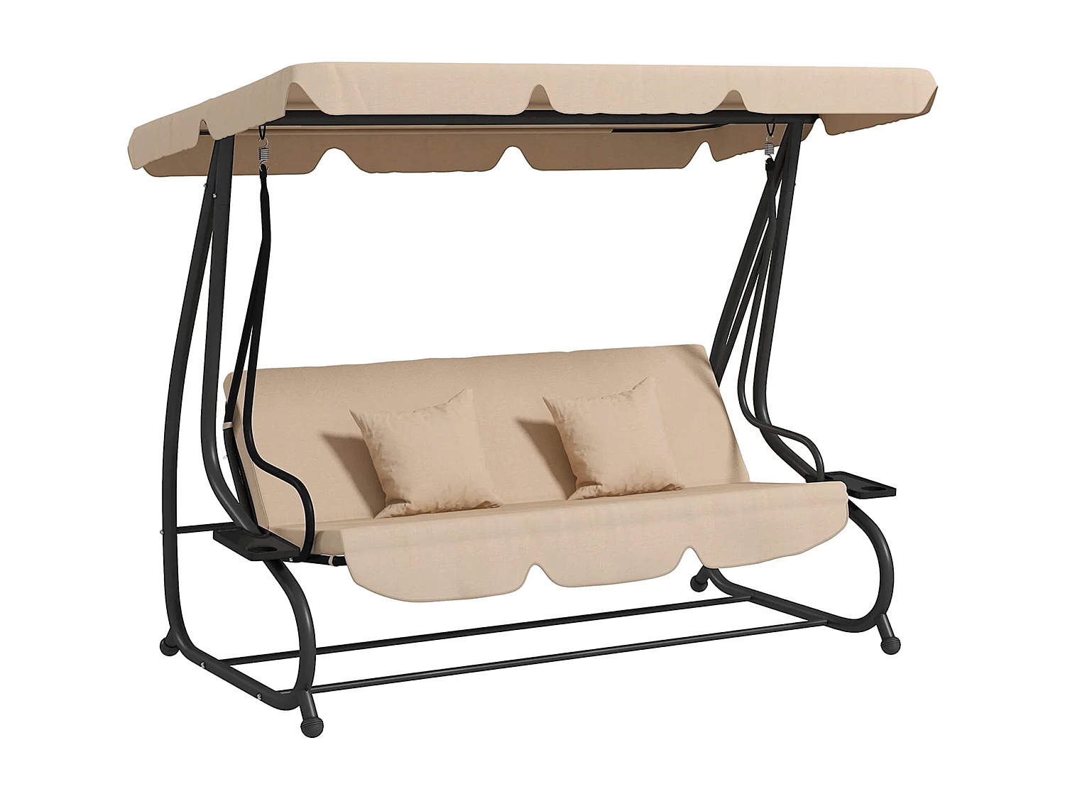 Balancelle de jardin convertible 3 places inclinaison toit réglable 2 tablettes + matelas 2L x 1,2l x 1,64H m métal époxy noir polyester sable