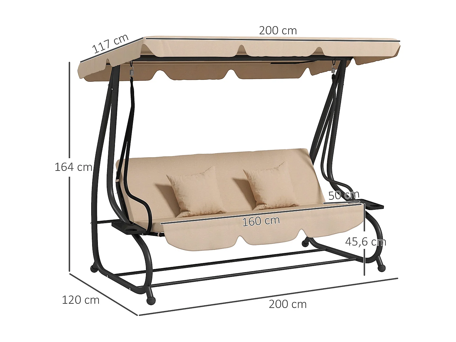 Balancelle de jardin convertible 3 places inclinaison toit réglable 2 tablettes + matelas 2L x 1,2l x 1,64H m métal époxy noir polyester sable