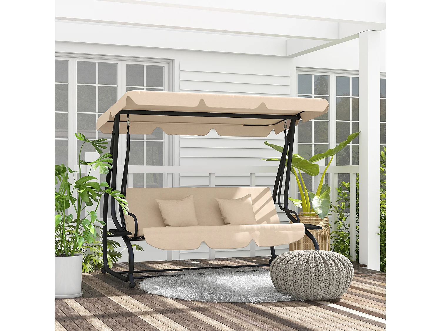 Balancelle de jardin convertible 3 places inclinaison toit réglable 2 tablettes + matelas 2L x 1,2l x 1,64H m métal époxy noir polyester sable