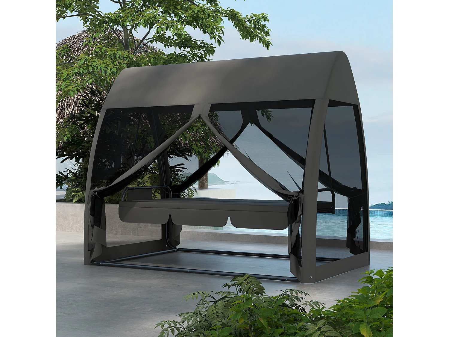 Balancelle de jardin convertible 3 places - matelas assise dossier, moustiquaire intégrale, toit - métal polyester gris