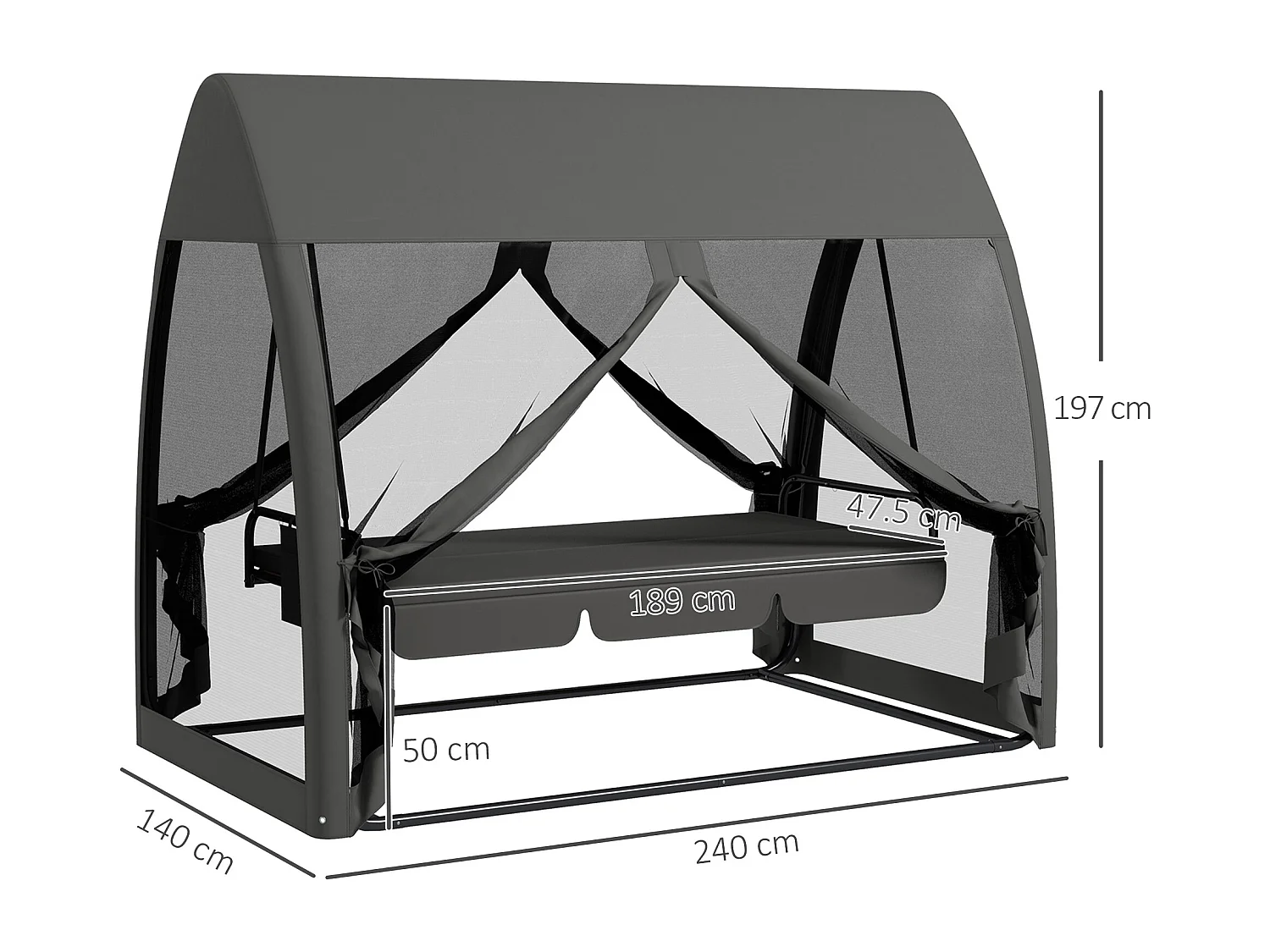 Balancelle de jardin convertible 3 places - matelas assise dossier, moustiquaire intégrale, toit - métal polyester gris