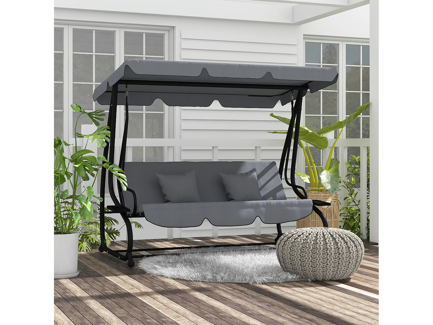 Balancelle de jardin convertible 3 places inclinaison toit réglable 2 tablettes + matelas 2L x 1,2l x 1,64H m métal époxy noir polyester gris