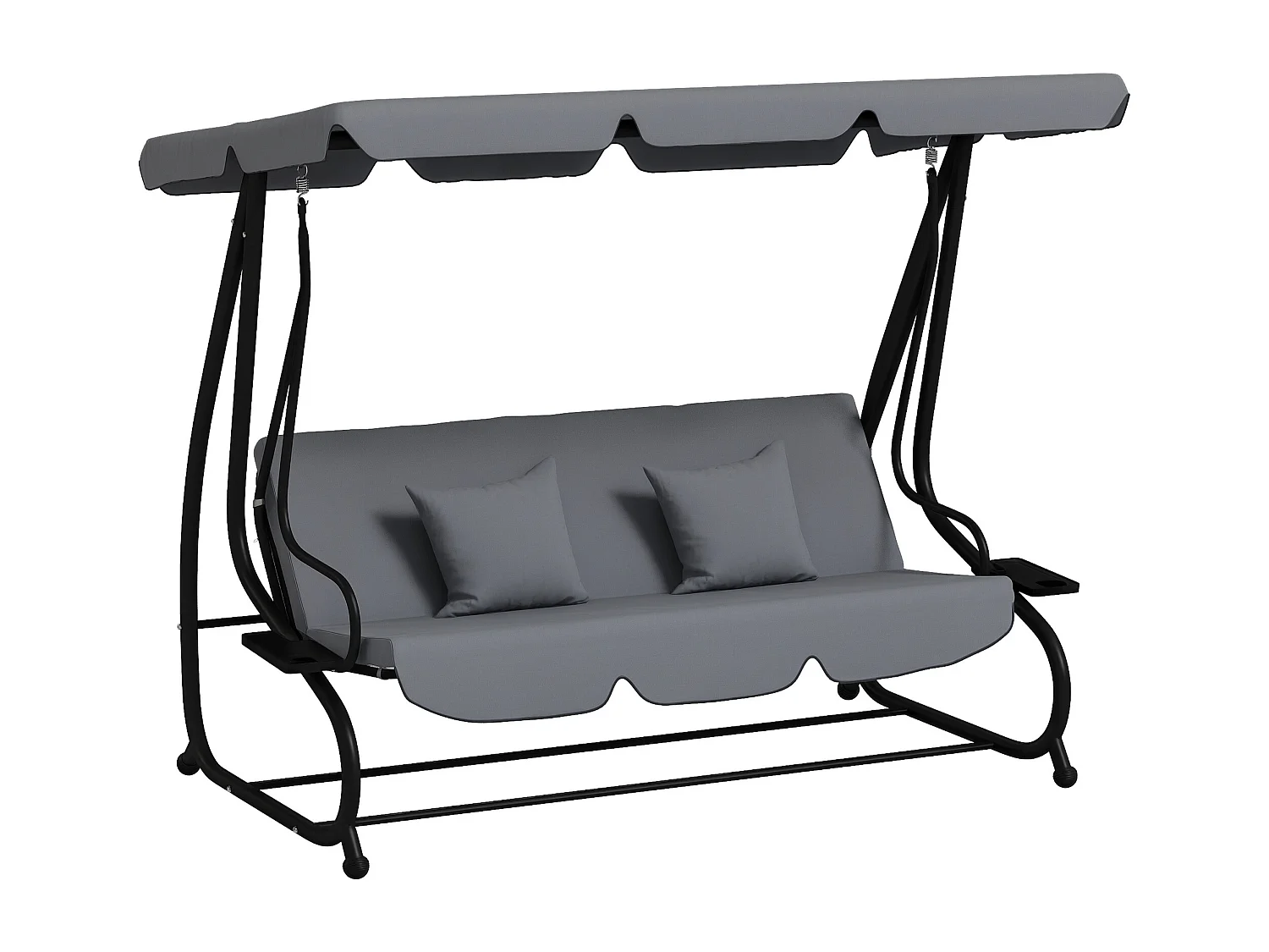 Balancelle de jardin convertible 3 places inclinaison toit réglable 2 tablettes + matelas 2L x 1,2l x 1,64H m métal époxy noir polyester gris