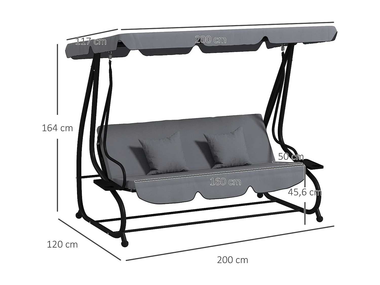Balancelle de jardin convertible 3 places inclinaison toit réglable 2 tablettes + matelas 2L x 1,2l x 1,64H m métal époxy noir polyester gris