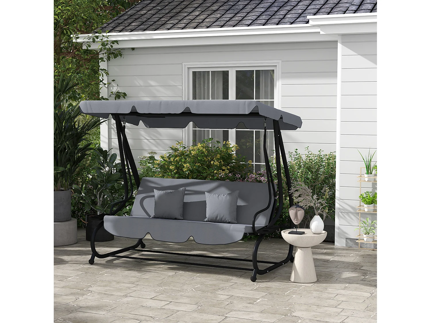 Balancelle de jardin convertible 3 places inclinaison toit réglable 2 tablettes + matelas 2L x 1,2l x 1,64H m métal époxy noir polyester gris