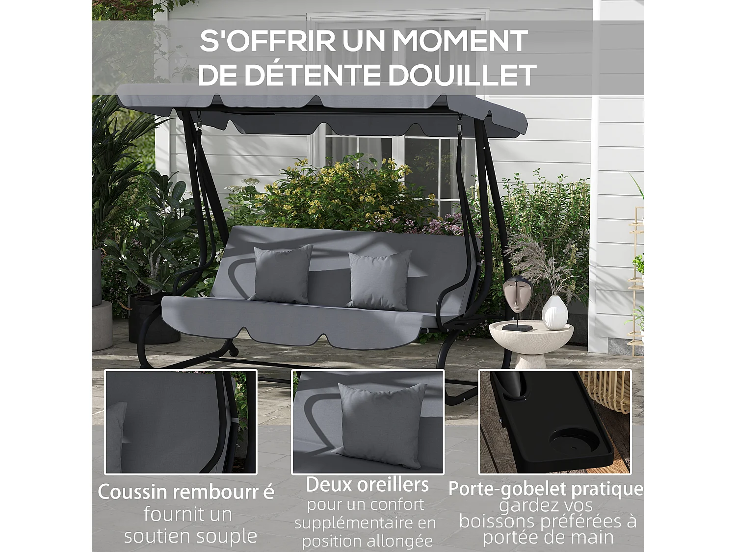 Balancelle de jardin convertible 3 places inclinaison toit réglable 2 tablettes + matelas 2L x 1,2l x 1,64H m métal époxy noir polyester gris