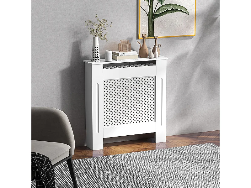 Cache-radiateur design - habillage radiateur motif rond - dim. 78L x 19l x 82H cm - MDF blanc