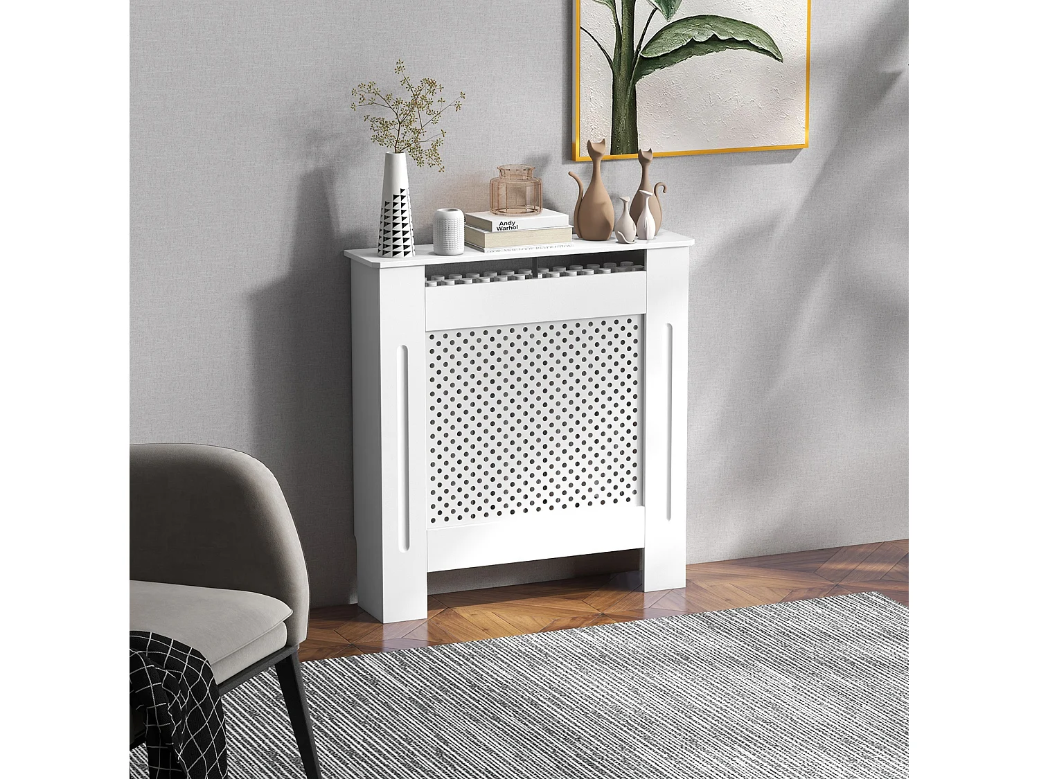 Cache-radiateur design - habillage radiateur motif rond - dim. 78L x 19l x 82H cm - MDF blanc