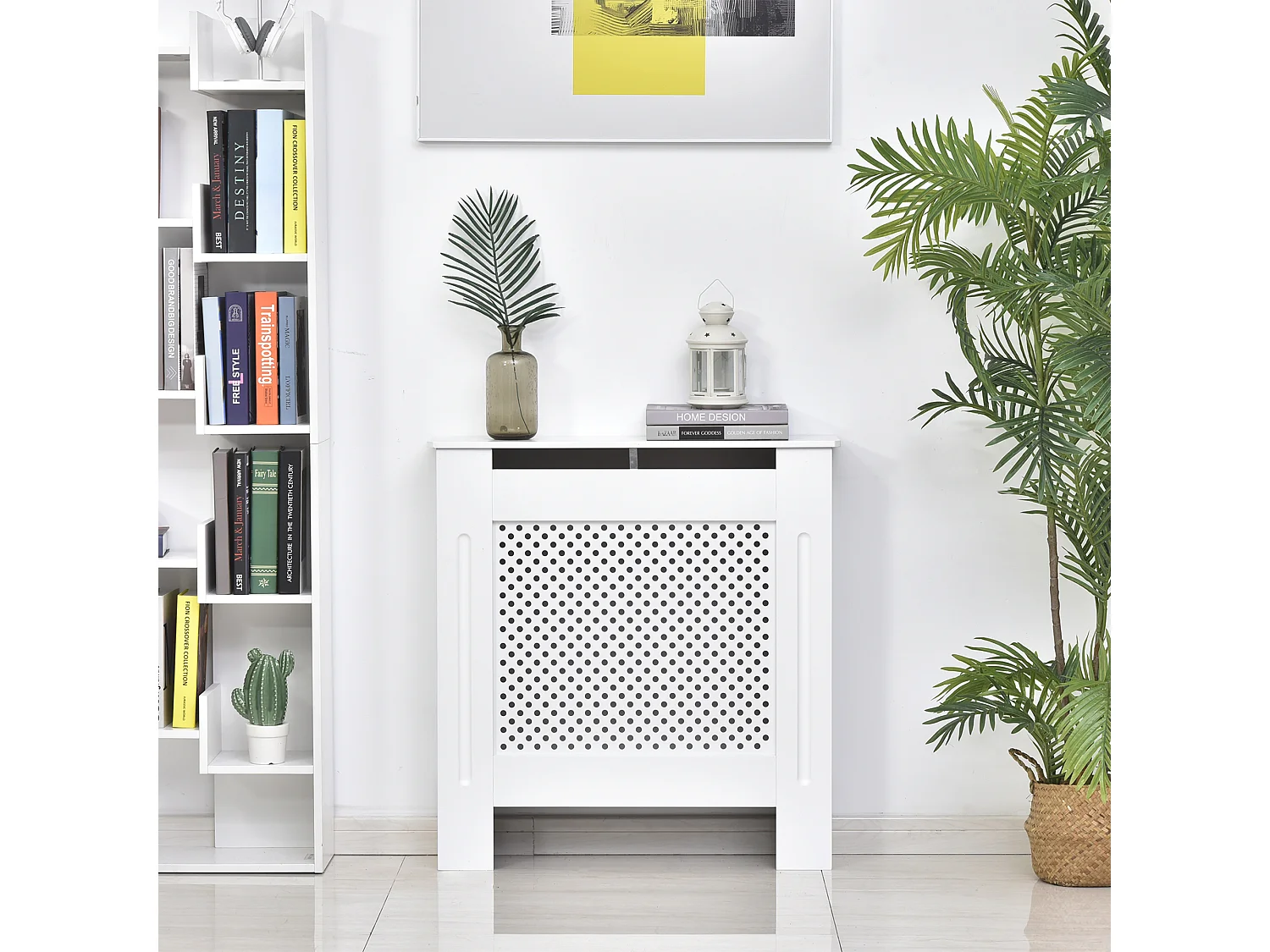 Cache-radiateur design - habillage radiateur motif rond - dim. 78L x 19l x 82H cm - MDF blanc