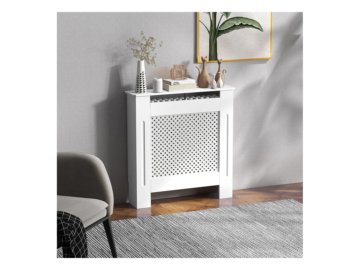 Cache-radiateur design - habillage radiateur motif rond - dim. 78L x 19l x 82H cm - MDF blanc