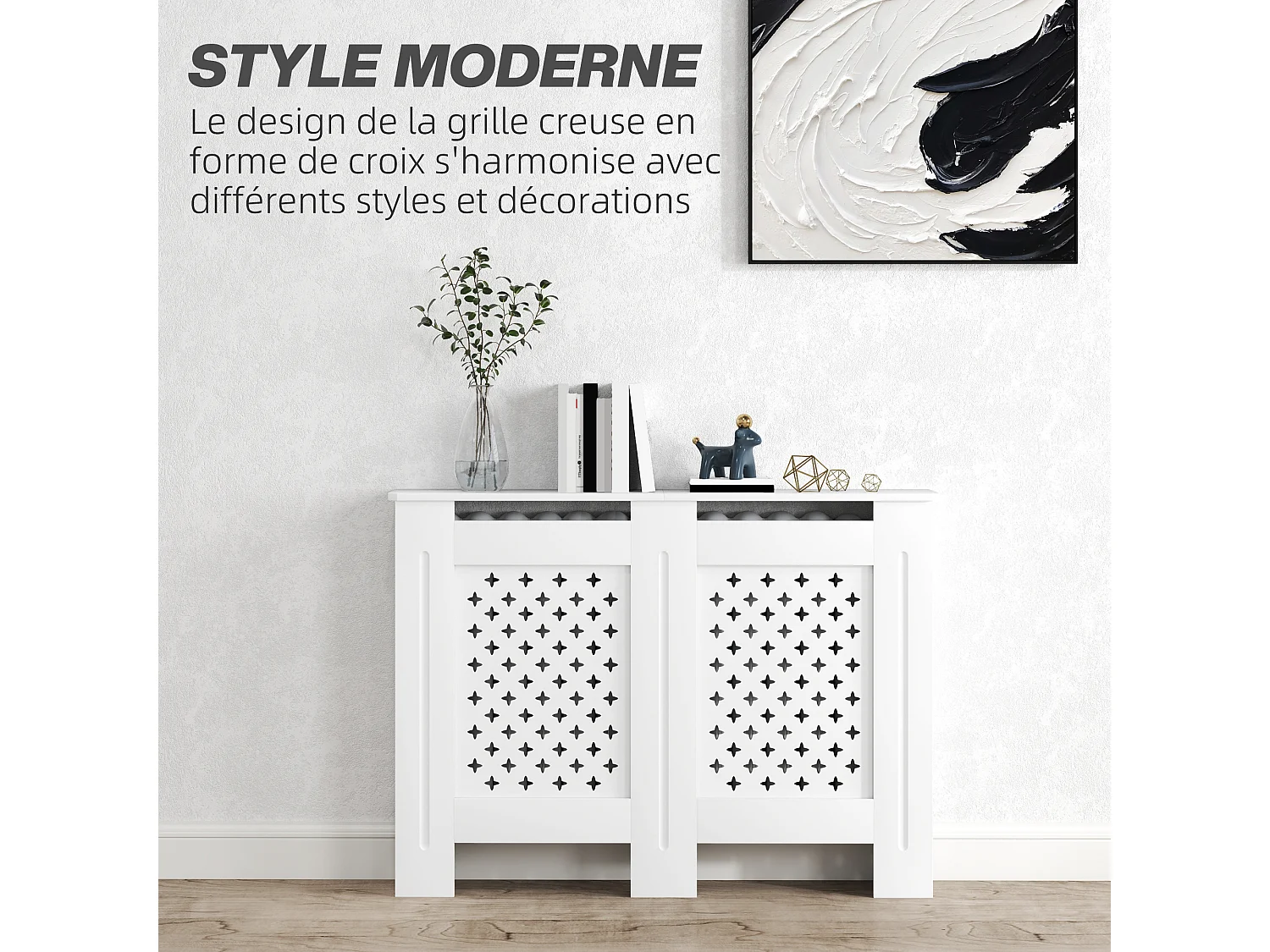 Cache-radiateur motif nid d'abeille - dim. 112L x 19l x 81H cm - MDF blanc
