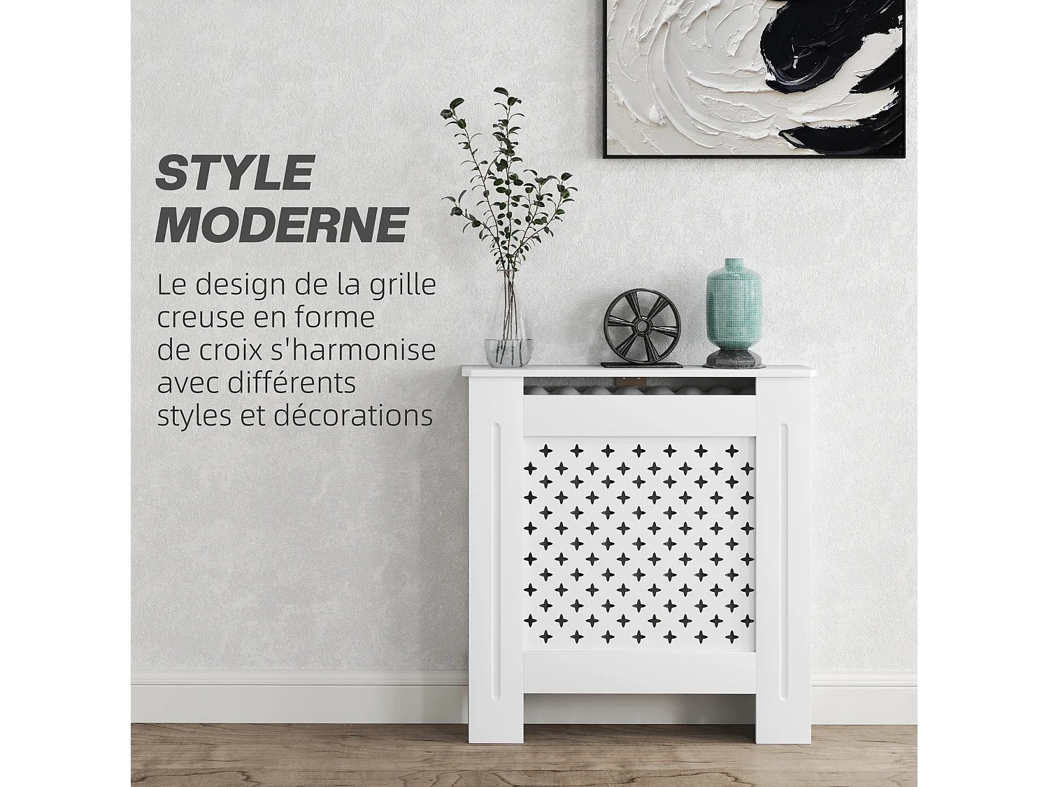 Cache-radiateur motif nid d'abeille - dim. 78L x 19l x 82H cm - MDF blanc