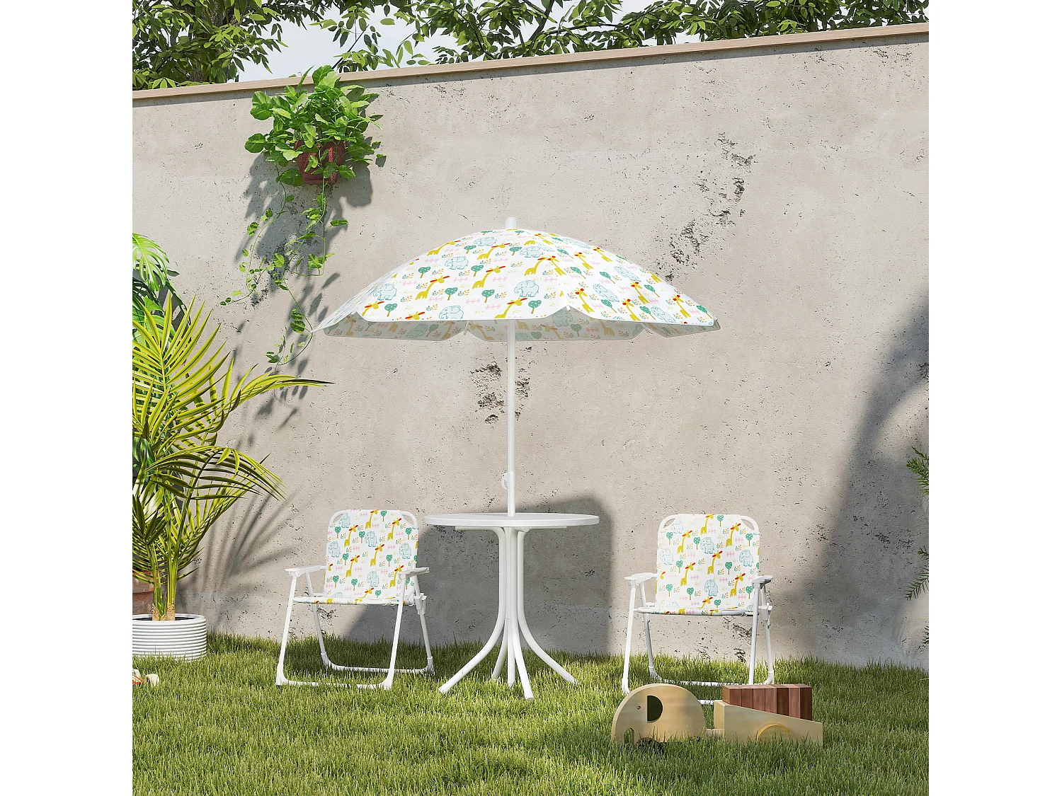 Ensemble salon de jardin enfant pliable 2 places 4 pièces motif vie de la savane blanc