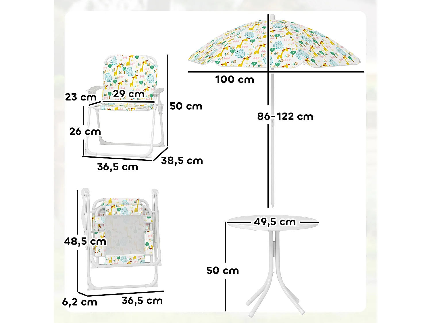 Ensemble salon de jardin enfant pliable 2 places 4 pièces motif vie de la savane blanc
