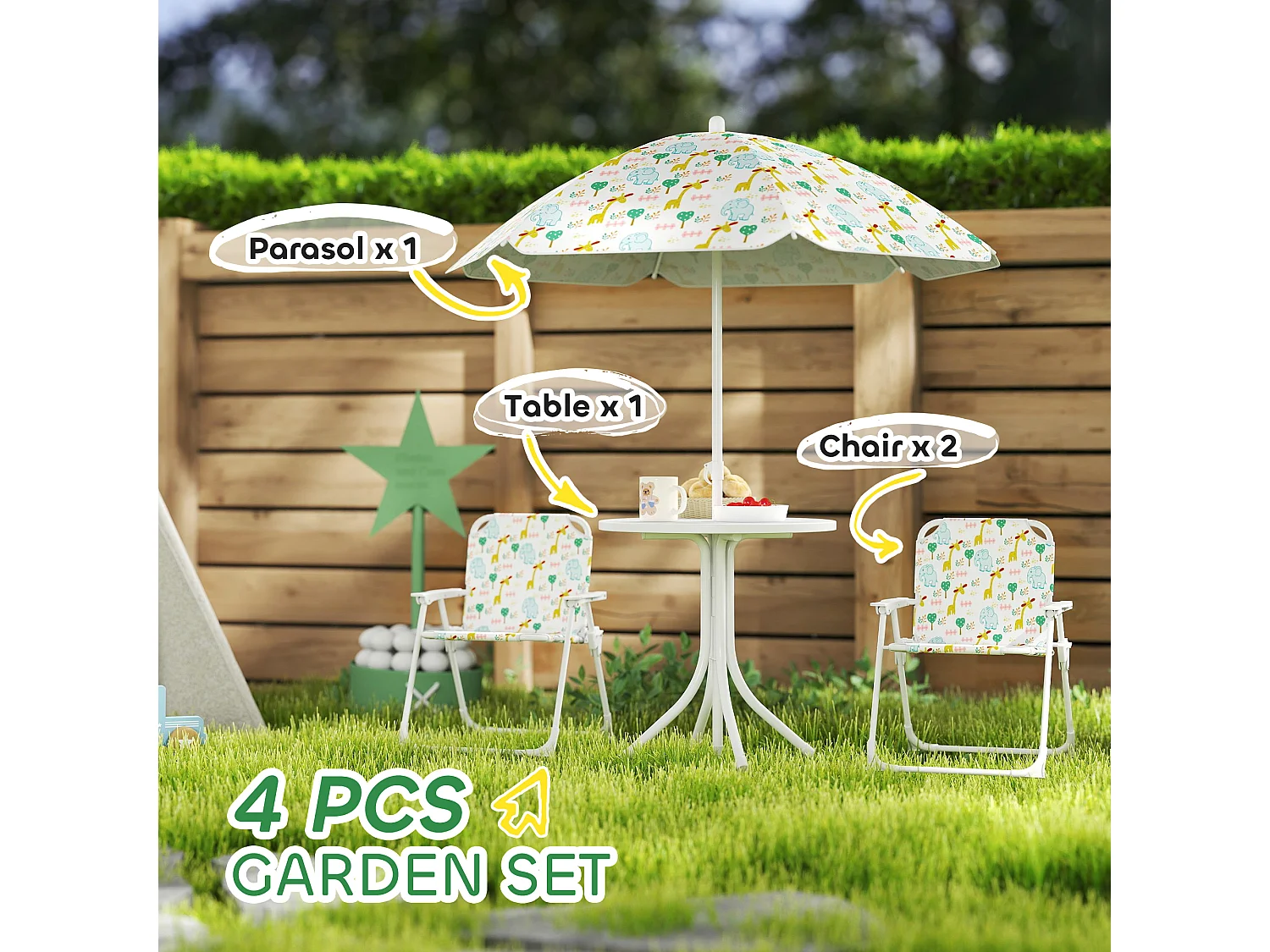 Ensemble salon de jardin enfant pliable 2 places 4 pièces motif vie de la savane blanc