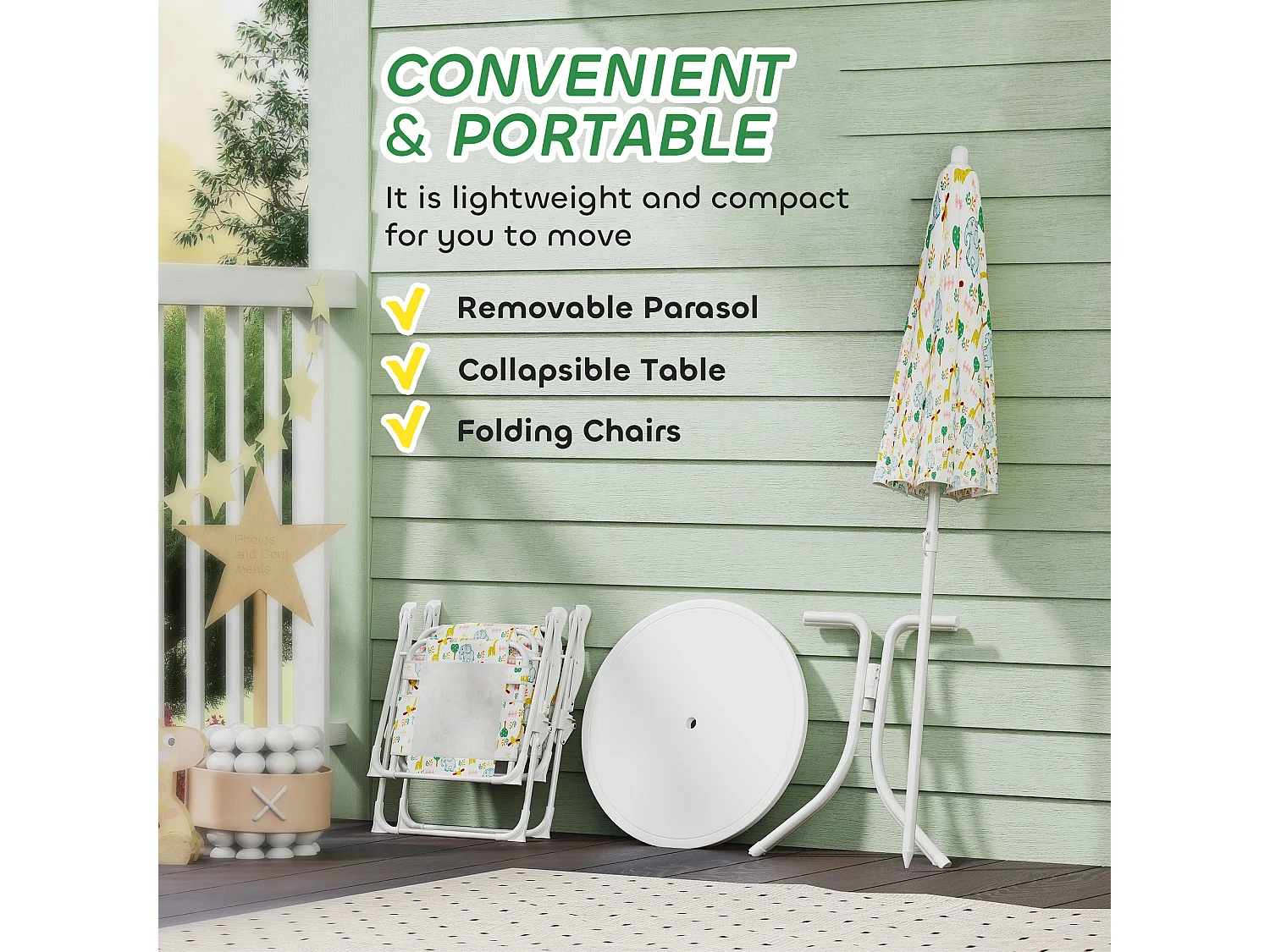 Ensemble salon de jardin enfant pliable 2 places 4 pièces motif vie de la savane blanc