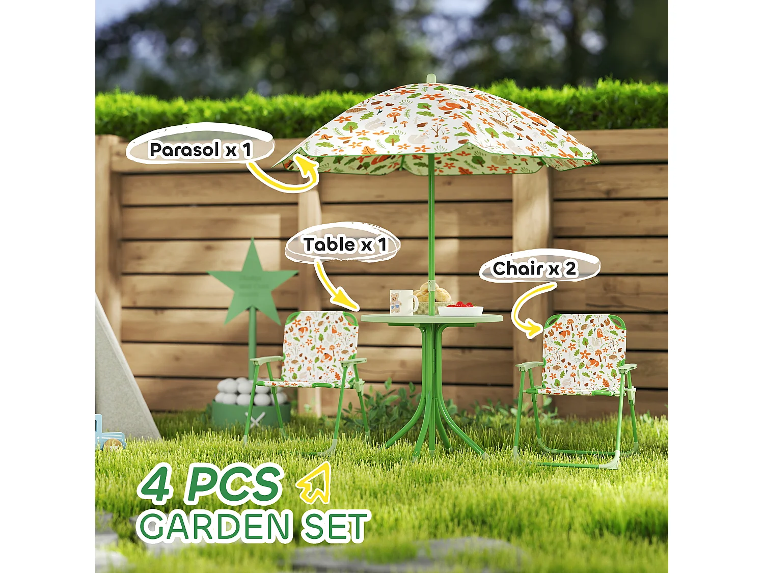 Ensemble salon de jardin enfant pliable 2 places 4 pièces motif vie de la forêt vert