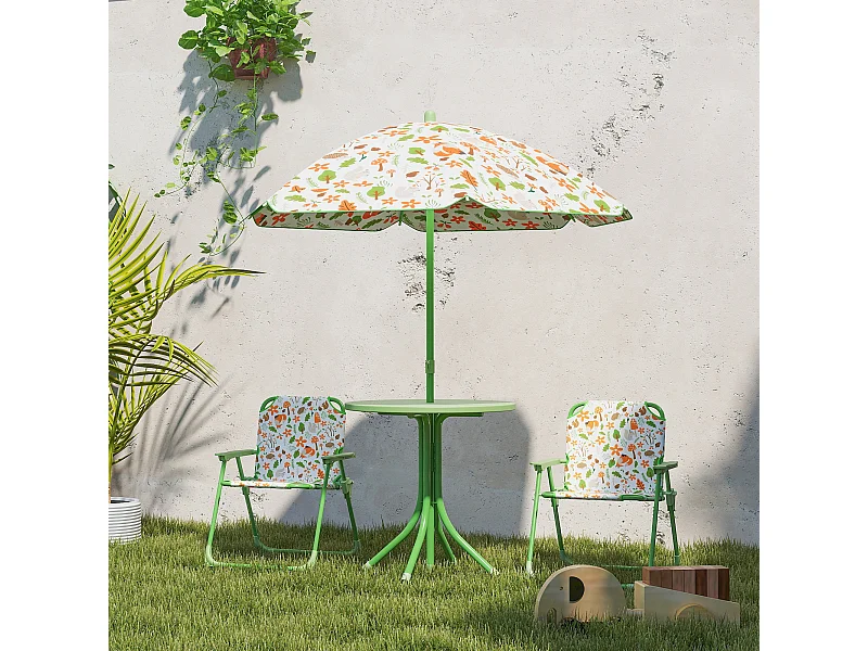 Ensemble salon de jardin enfant pliable 2 places 4 pièces motif vie de la forêt vert