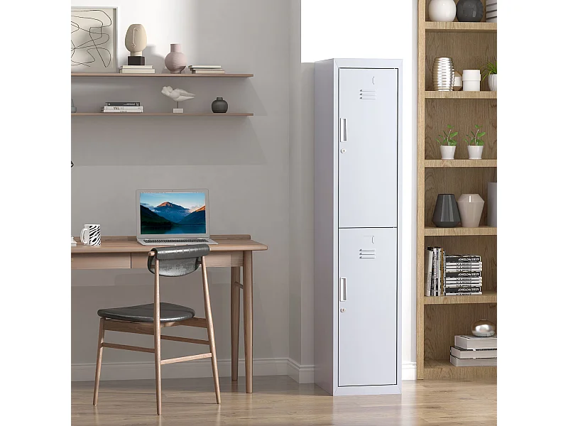 Vestiaire métallique 2 portes verrouillables - armoire métallique - 2 tringles, 4 étagères - acier gris