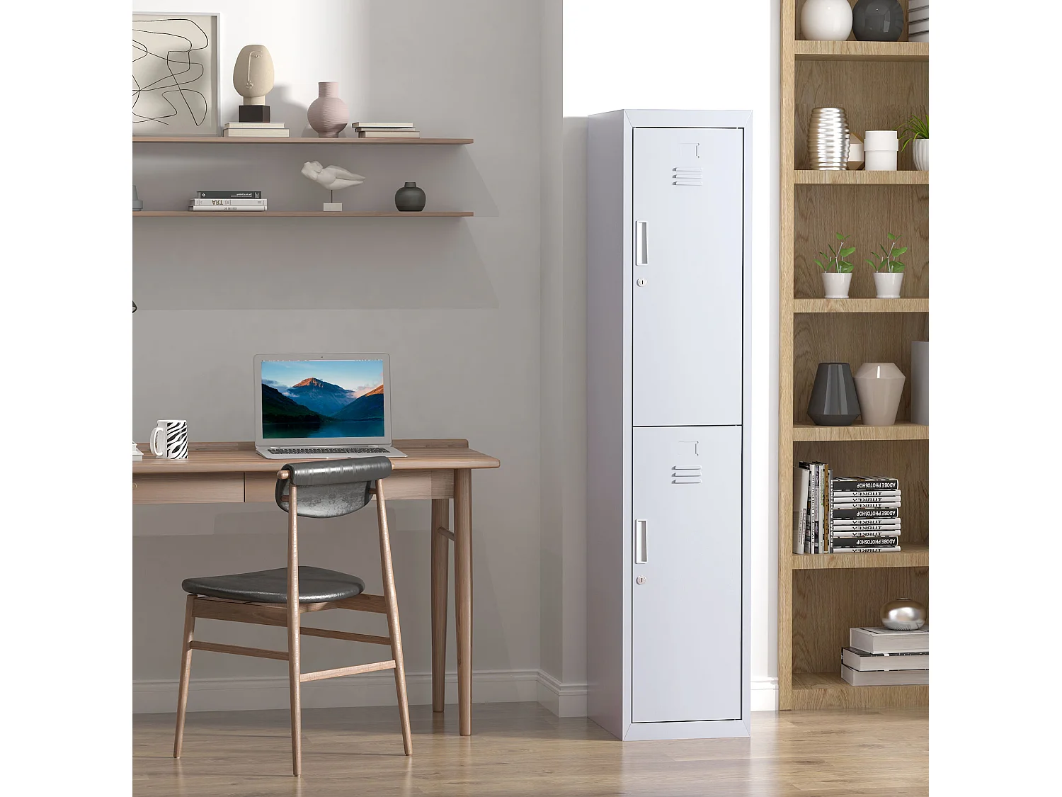 Vestiaire métallique 2 portes verrouillables - armoire métallique - 2 tringles, 4 étagères - acier gris