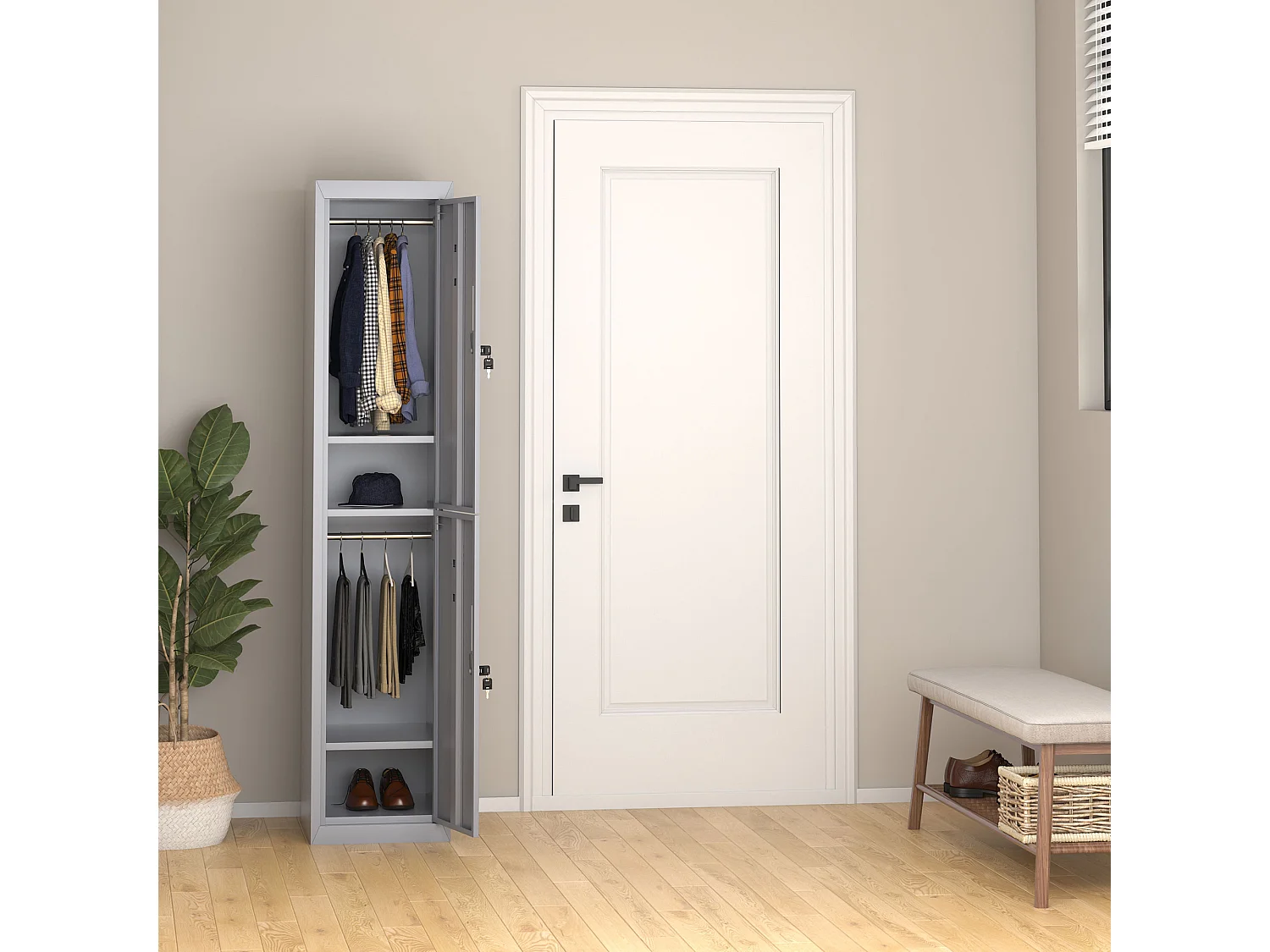 Vestiaire métallique 2 portes verrouillables - armoire métallique - 2 tringles, 4 étagères - acier gris